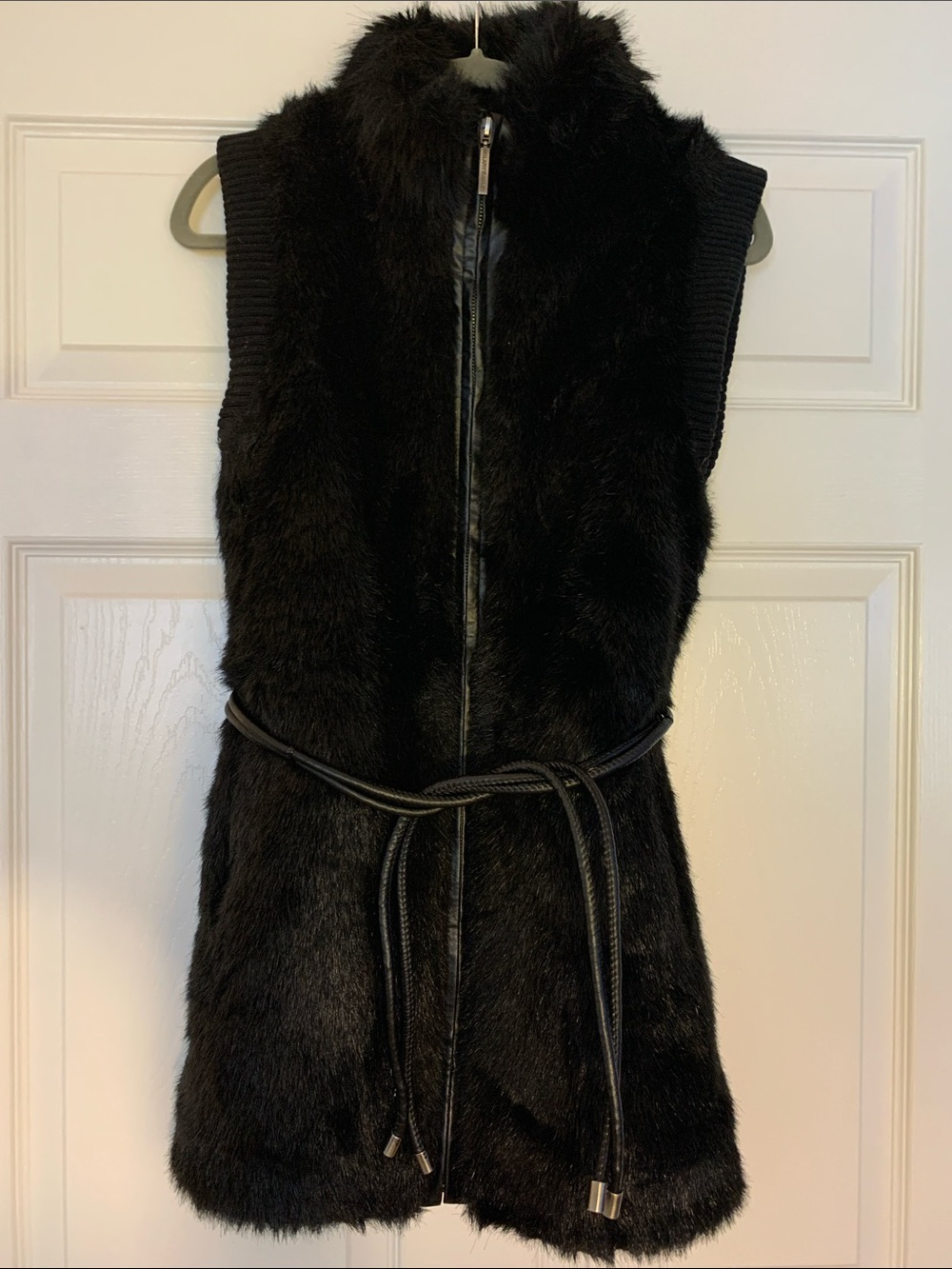 Hilary Radley Black Faux Fur Sleeveless Zip Vest with Tie Belt